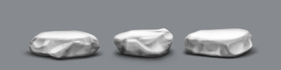 Grey stone podium rock platforms with rough carved surfaces and angular edges on dark background for display. Natural pedestals with different shapes and realistic textures for product presentation.