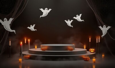 Fototapeta premium Halloween Stage With Ghosts Pumpkins And Candles On White Background podium