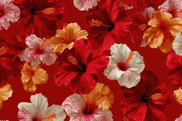 Vibrant red pattern featuring hibiscus flowers in various shades set against a bold backdrop celebrating Hawaiian flora