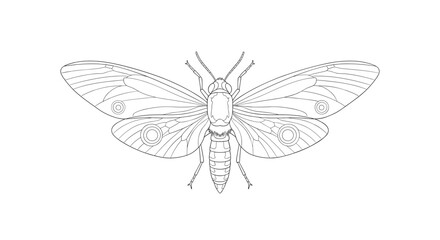 Detailed outline drawing of a moth with open wings showing intricate wing patterns and body anatomy