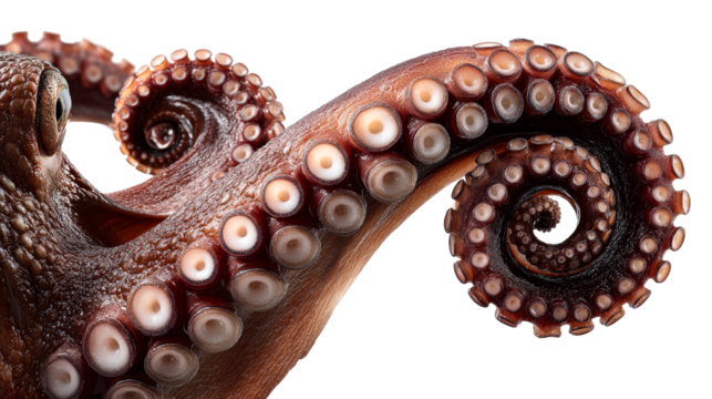 Close-up of a wet octopus tentacle with visible suckers on a white background, cut out transparent