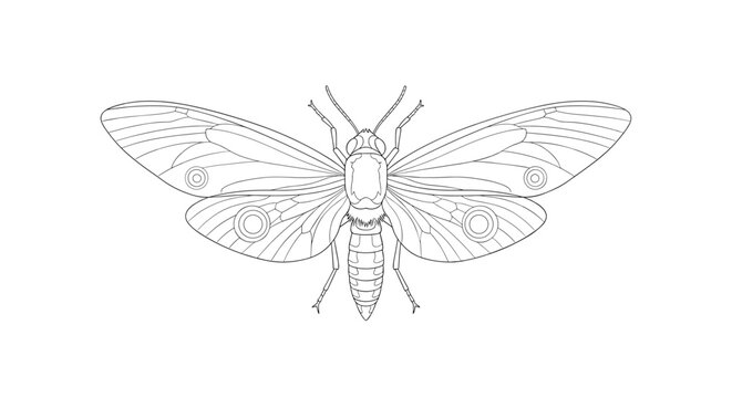 Detailed outline drawing of a moth with open wings showing intricate wing patterns and body anatomy