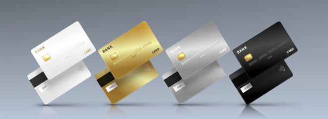 Bank credit card mockup with gold chip front and back sides in white, golden, silver and black finishes. Premium payment cards with magnetic stripe and contactless symbol for financial presentations.