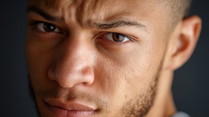 Fototapeta premium Intense close-up portrait of a young, diverse man with furrowed brow and deep-set eyes, dramatic rim lighting highlighting the texture of his skin, conveying determination and focus against a dark