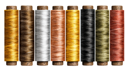 Collection of diverse colored thread spools on white background, cut out transparent