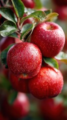 Fresh Red Apples on Branch with Water Droplets, Orchard Fruit Close-up