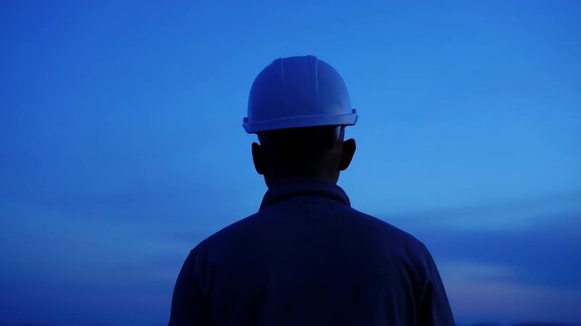 Engineer wearing hard hat looking at blue sky