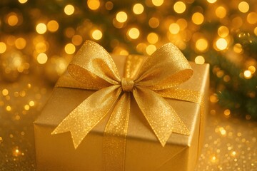 Golden Gift Box: A beautifully wrapped golden gift box sits under shimmering fairy lights, the perfect present for that special someone, evoking feelings of anticipation, joy, and warmth.