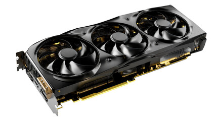 High-performance graphics card with three cooling fans and illuminated circuitry, cut out transparent