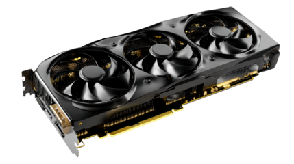 High-performance graphics card with three cooling fans and illuminated circuitry, cut out transparent