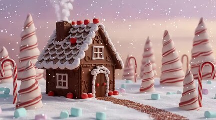 chocolate cottage decorated with frosting patterns, set in a snowy forest of candy canes and marshmallow trees. - Powered by Adobe