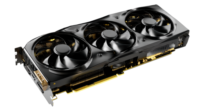 High-performance graphics card with three cooling fans and illuminated circuitry, cut out transparent