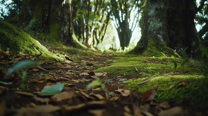 Obraz premium Enchanted forest landscape with moss-covered ground and twisted old trees.