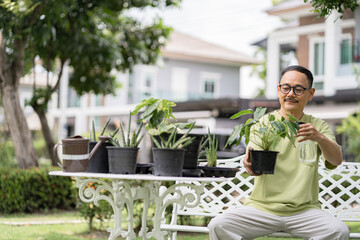 Asian mature takes care outdoor plants garden	