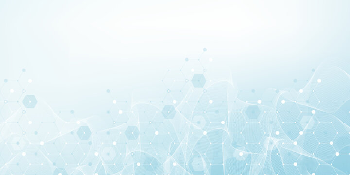 Modern health care or medical background design. Health care innovation concept. Horizontal header web banner. Abstract geometric background with hexagon shapes for medicine, science, chemistry.