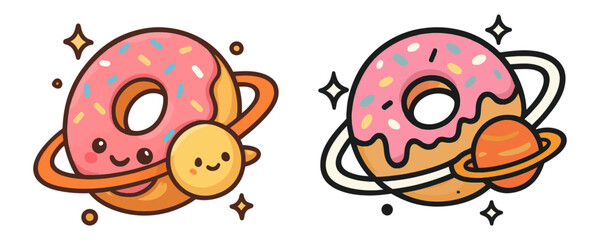 Fototapeta premium Two donuts with a planet in the middle. One is pink and the other is white. The pink one has a smiley face on it