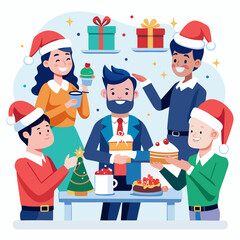 Happy employees celebrating christmas party wearing santa hats at the office isolated on white background isolated on transparent background