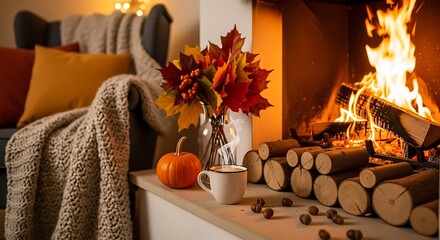 Autumn Cozy Fireplace Scene.