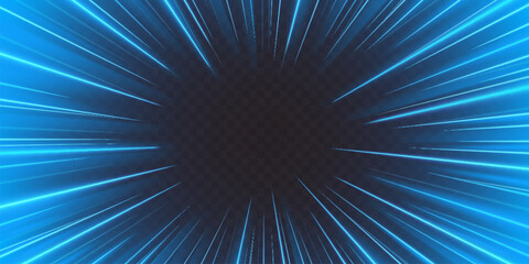 Speed ray anime background with blue neon lines radiating from center for dynamic motion effects. Glowing streaks and energy burst pattern for action scenes or futuristic digital presentations.