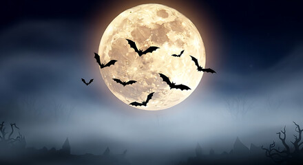 Full moon with bats flying in a spooky halloween night sky