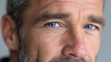 Obraz premium Piercing close-up of a mature man's intense blue eye with visible age lines around it, direct gaze into the camera, emphasizing wisdom, experience, and strong character. 