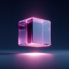 A glowing transparent cube, bathed in pink light, floats in a dark gradient space.