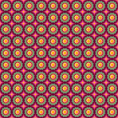 Graphic pattern, floral pattern, radial shapes of orange-red circles, the background is a deep purplish-red color, making the yellow-orange circles stand out more, bright, hot, used for fabric design