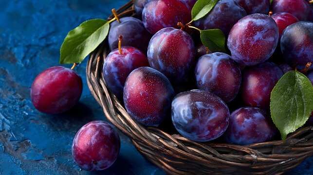 Basket of ripe plum fruits close up on a blue background