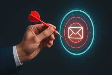 A hand holding a red dart aimed at a glowing email icon, highlighting targeted communication.