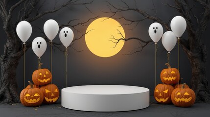 Spooky Halloween Scene With Jack-o- Lanterns Balloons and Full Moon jack-o-lantern pumpkin