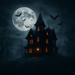 Haunted House with Full Moon and Flying Bats – Halloween Background