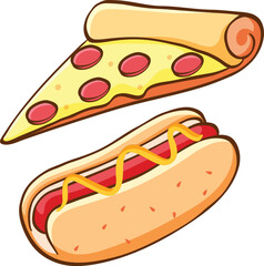 vector illustration of hot dog and slice of pizza