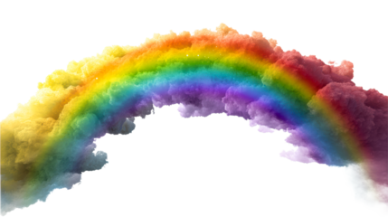 Explosion of vibrant rainbow colored smoke forming an abstract arc shape, cut out transparent