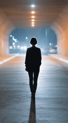 Fototapeta premium Silhouette of a woman standing at the entrance of an urban tunnel at night, moody and mysterious setting 