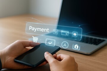 Hands holding a phone with a payment interface displayed; modern technology concept for online shopping.