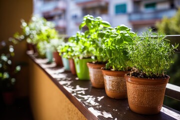 Colorful potted herbs line a sunny balcony
