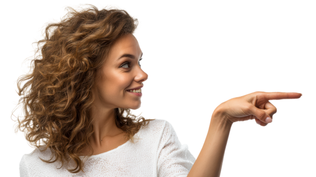 Woman with curly hair pointing to the right side while smiling, cut out transparent