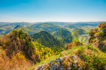 Hiking to peak Tri Koruny or Trzy Korony during day. Pieniny National park in Poland. View from the lookout at the top © Zedspider