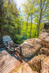 Hiking to Peak Tri Koruny or Trzy Korony during day. Pieniny National park in Poland. Pieniny Castle © Zedspider