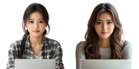 A young asian woman working with her laptop isolated on a transparent background
