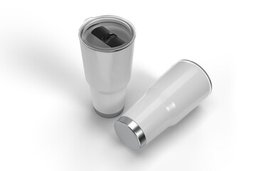 3D Stainless steel tumbler mockup with plastic lid. Blank Insulated container aluminium mug isolated on background. Template for presentation branding product, thermos glass, beverage cup, drinkware