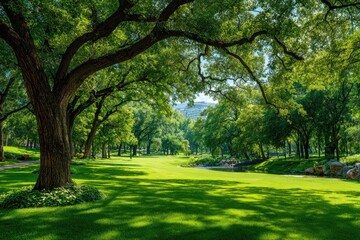 Fototapeta premium Lush parkland, sun-drenched lawns, and towering trees