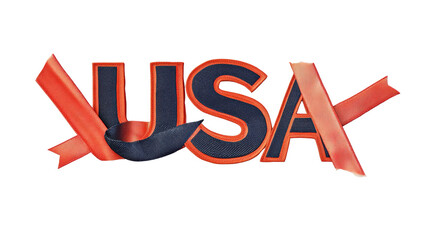 Embroidered USA letters intertwined with textured orange and navy blue ribbons, cut out transparent
