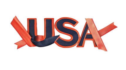 Embroidered USA letters intertwined with textured orange and navy blue ribbons, cut out transparent