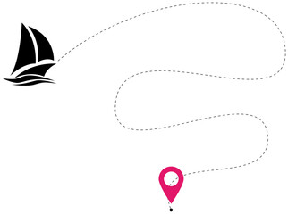 Sailing yacht with dotted route path vector illustration isolated on white map background marine navigation travel trip icon journey design sea voyage concept infographic graphic template