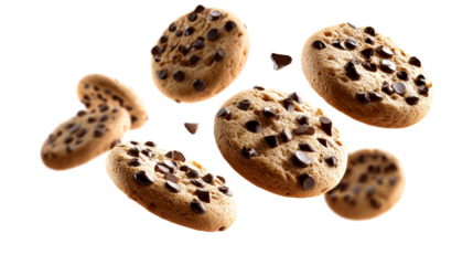Several chocolate chip cookies and dark chocolate pieces are captured in mid-air against a clean white background., cut out transparent