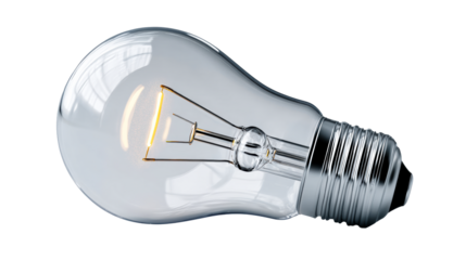 Close-up of glowing incandescent light bulb filament on a reflective surface, cut out transparent