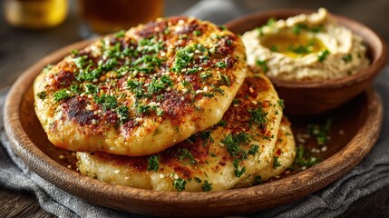 Stack of Potato Cakes with Fresh Parsley and Hummus on Wooden Plate
