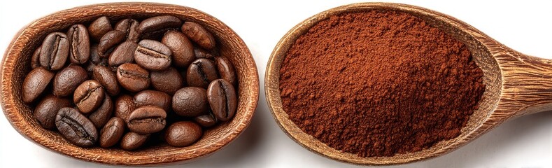 Coffee beans and ground coffee in wooden spoons