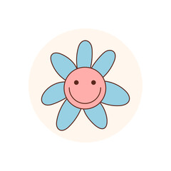 Retro groovy blue daisy sticker in cute cartoon graphic style. Flower with round circle patch and happy smile. Groovy element and y2k lid design give cheerful look for packaging or playful product